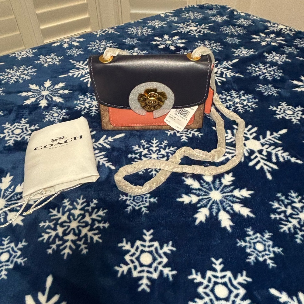 Coach Navy and Tan Mini Bag with Gold Flower Accent - Picture 3 of 6
